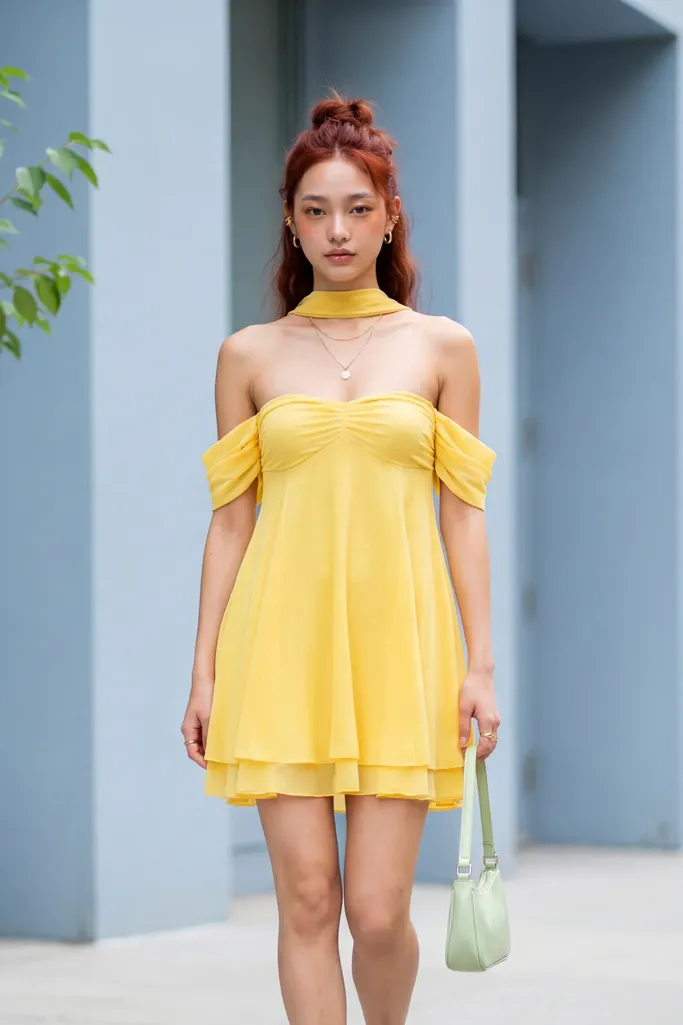 Yellow Solid Choker Neck Mini Dress - Image 1