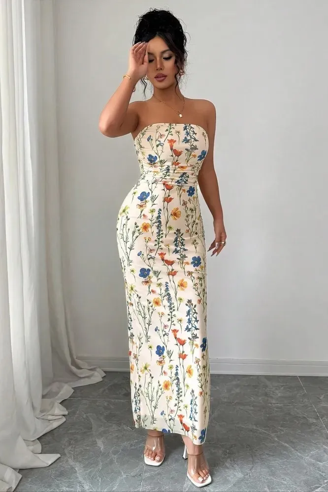 Yellow Floral Tube Neck Maxi Dress - Image 1
