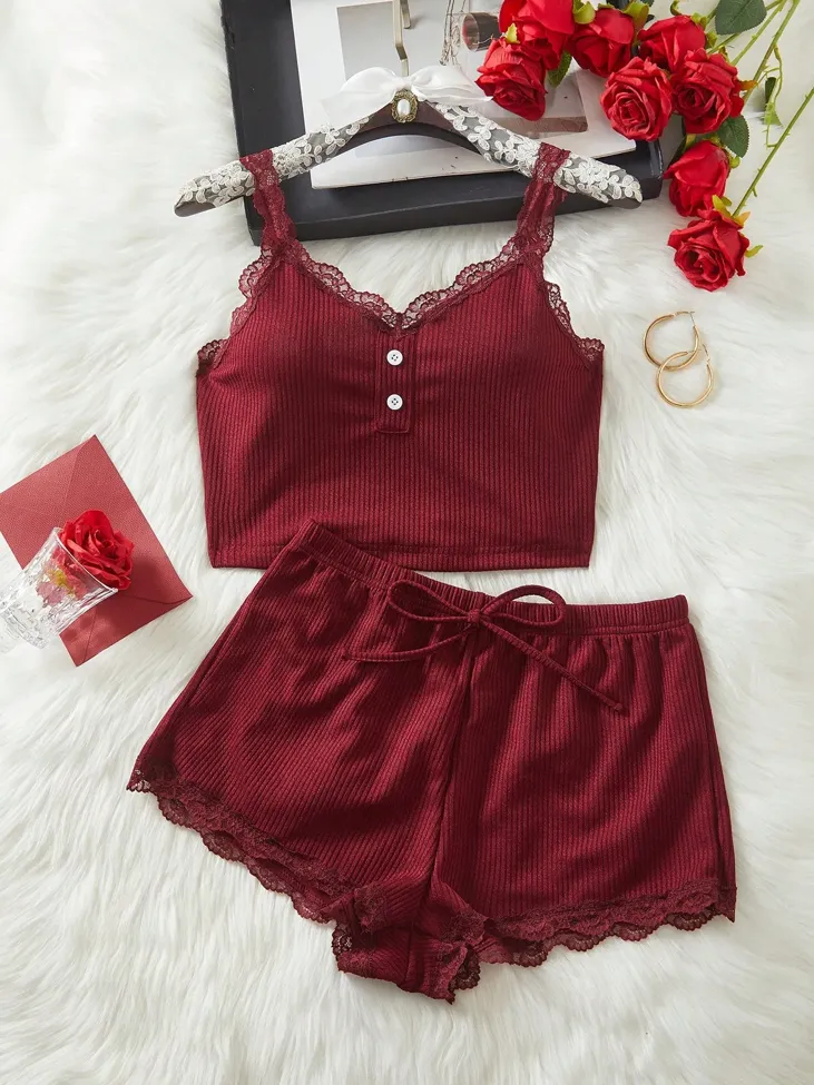 Wine Solid Lace-Insert Co-Ord Set - Image 1
