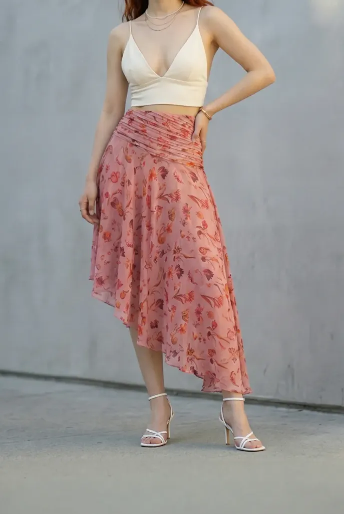 Peach Floral Mid Rise Asymmetric Skirt - Image 1