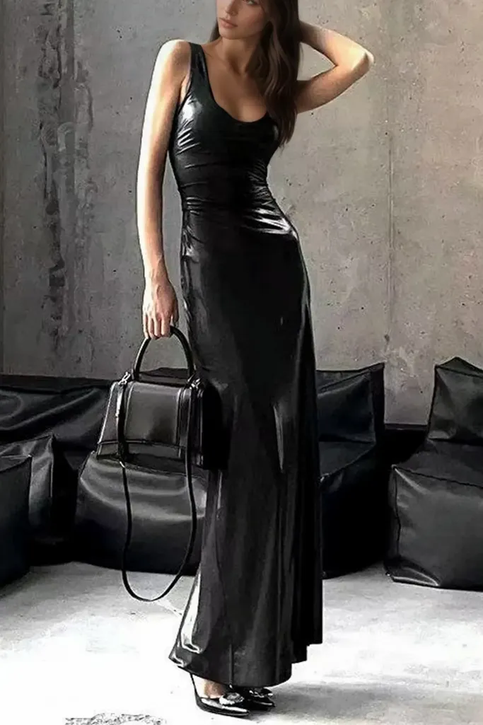 Black Scoop Neck Pu Maxi Dress - Image 1