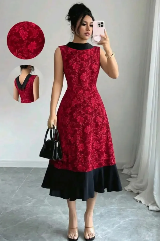 Red Floral High Neck Midi Dress - Image 1