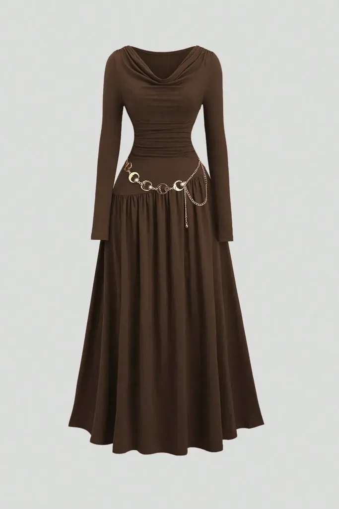 Brown Solid Cowl Neck Maxi Dress