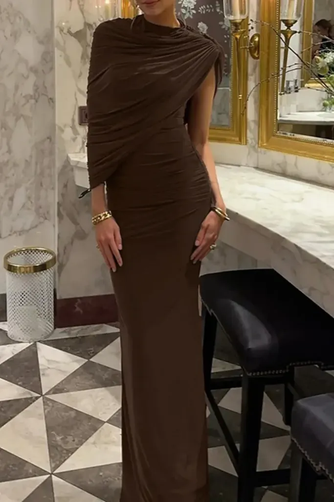Brown Ruched Draped Maxi Dress - Image 1
