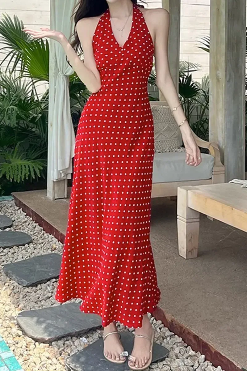 chinese dress ladies Tartan Red Plaid Cotton Maxi Dress Xs/S / Red
