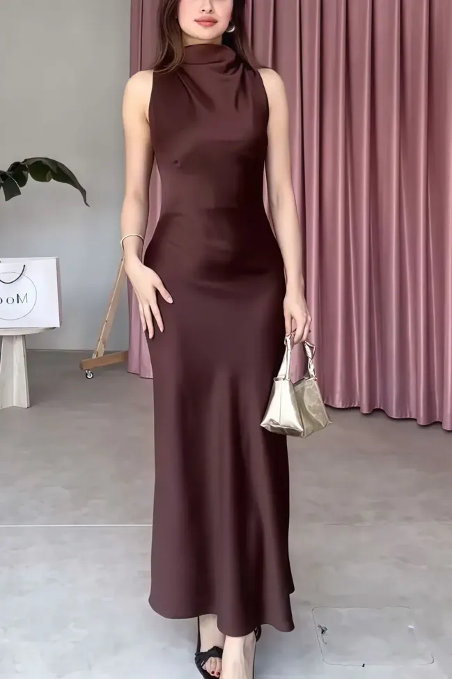 Brown Solid High Neck Maxi Dress - NEWME