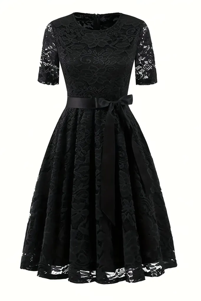 Black Lace Belted Midi Dress - Image 1