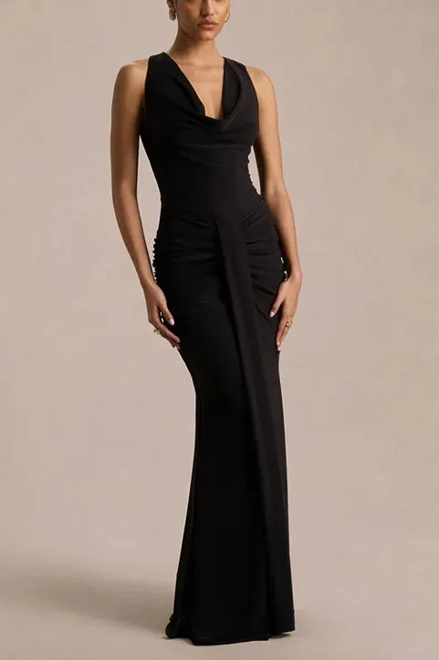 Black Ruched Mermaid Maxi Dress - Image 1