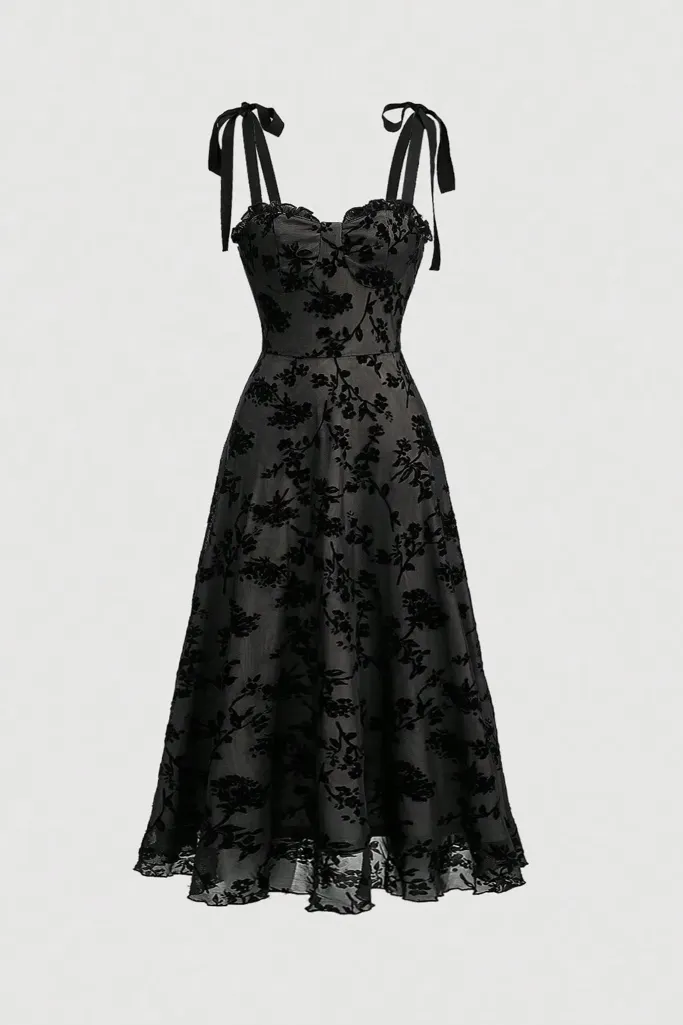 Black Floral Sweetheart Midi Dress - Image 1