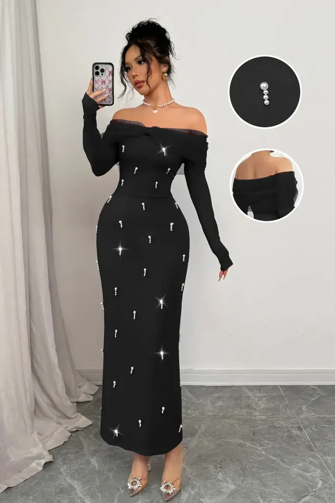 Black Off Shoulder Pearl Maxi Dress - Image 1