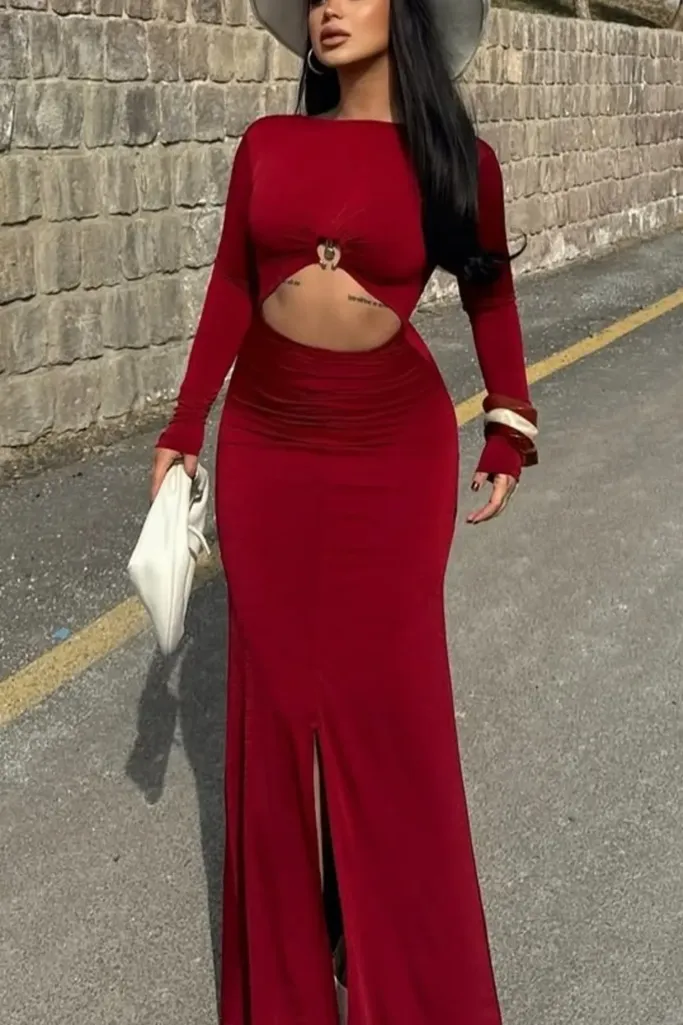 Red Cut Out Bodycon Maxi Dress - Image 1