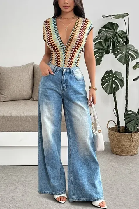 Multi-Color V-Neck Crochet Bodysuit - Image 1