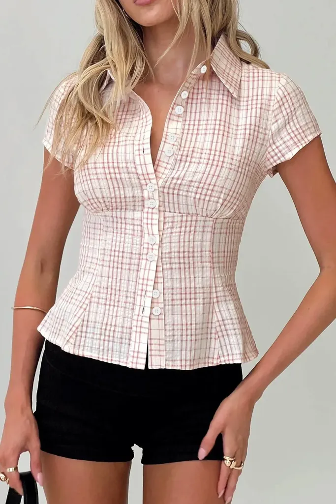 Light Pink Plaid Button-Down Shirt - Image 1