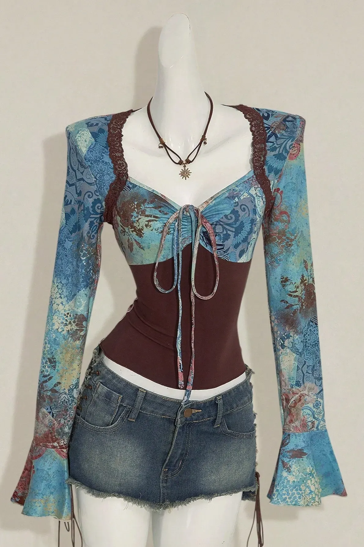 Blue Sweetheart Neck Abstract Top