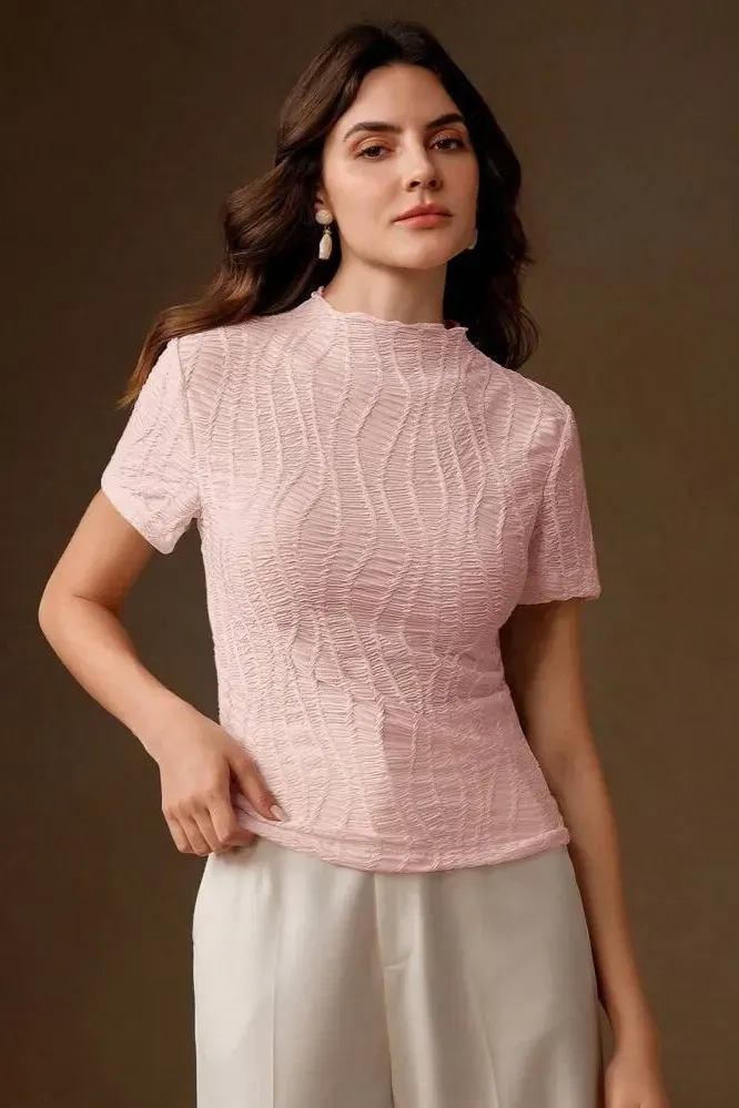 Light Pink High Neck Textured Top - Image 1