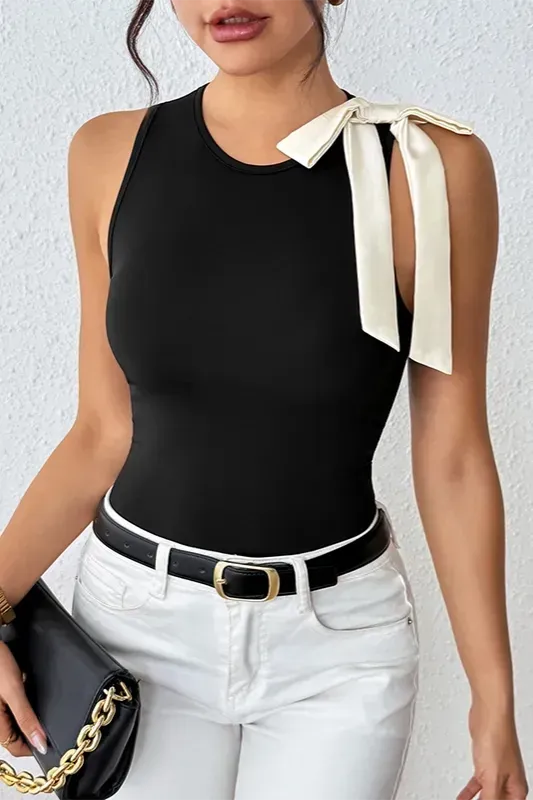 Black Solid Tie-Up Bodysuit - Image 1