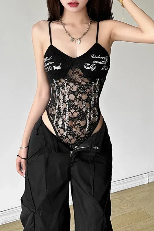 Black Lace V-Neck Bodysuit - Image 1