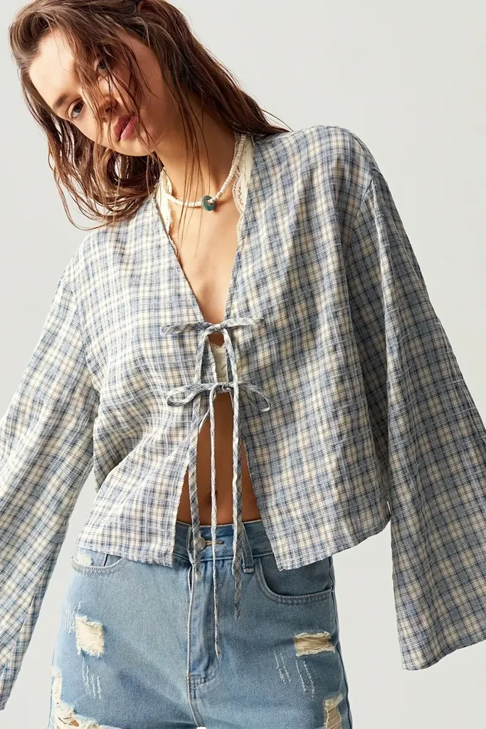Light Blue Plaid Tie-Up Top - Image 1