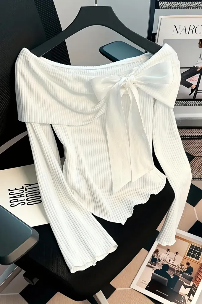 White Solid Bow Off-Shoulder Top - Image 1