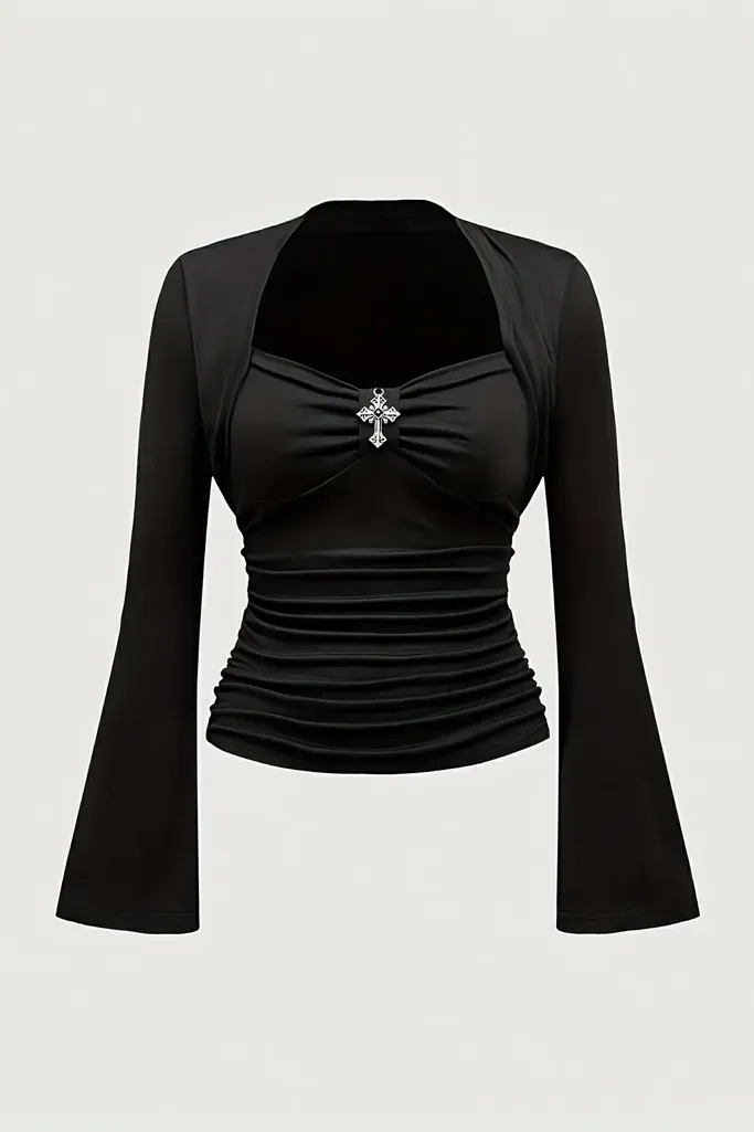 Black Ruched Cinched Waist Top - Image 1