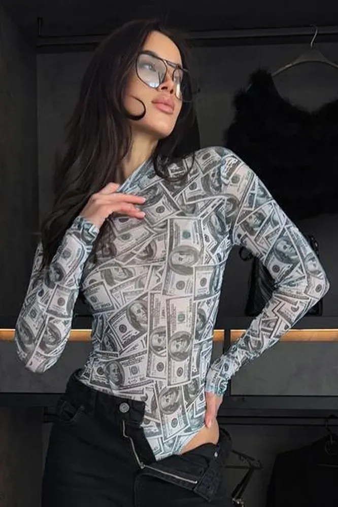 Grey Graphic High-Neck Bodysuit - Image 1