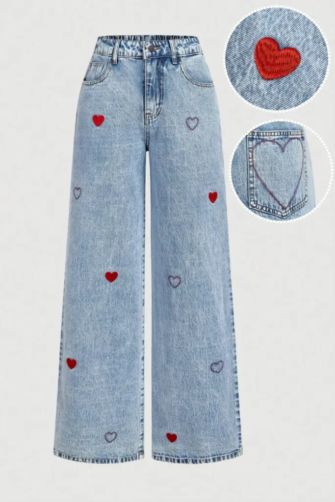 Light Blue Heart Wide-Leg Jeans - Image 1