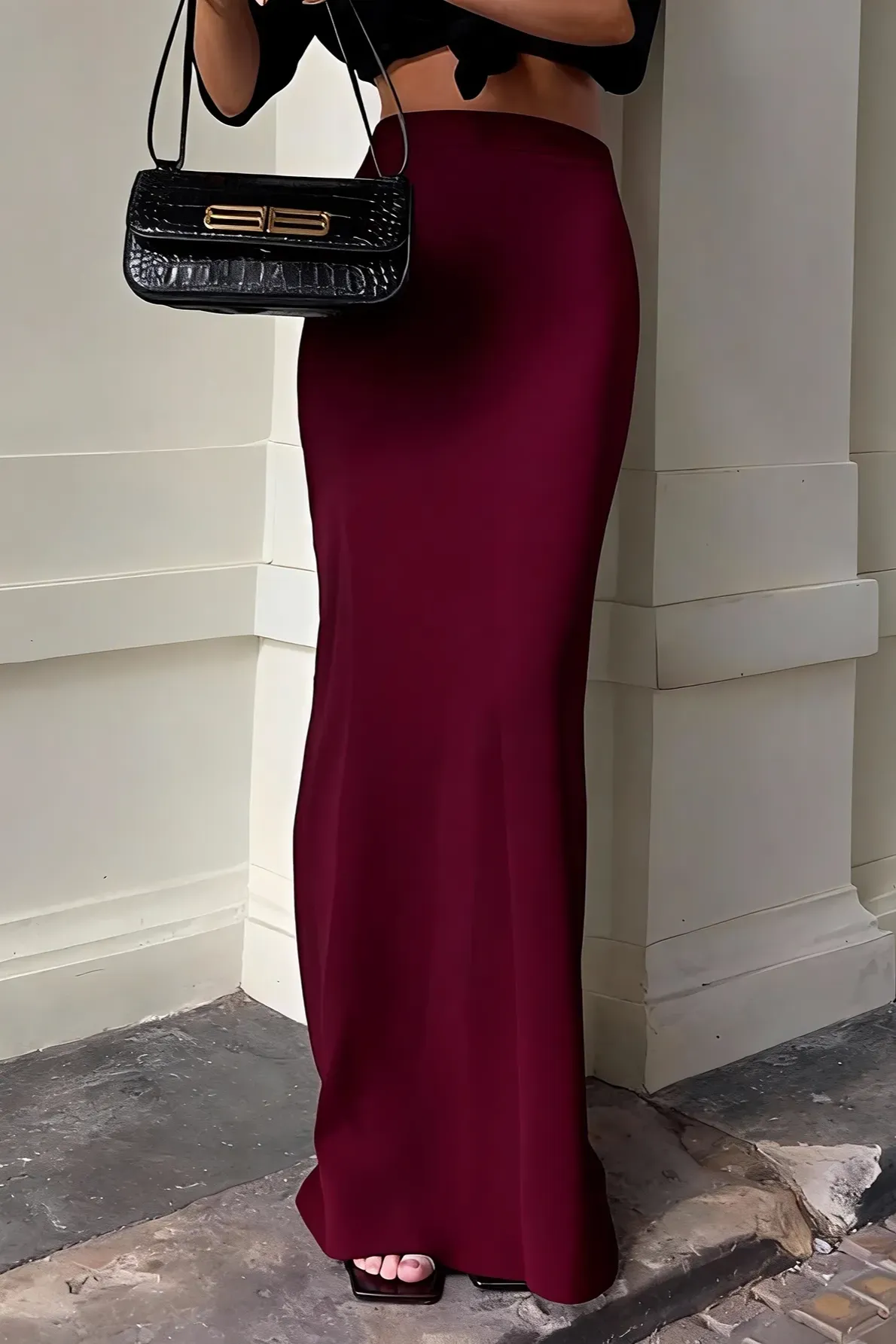 Wine Solid High Rise Maxi Skirt