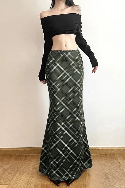 Green Plaid Mid Rise Maxi Skirt - Image 1