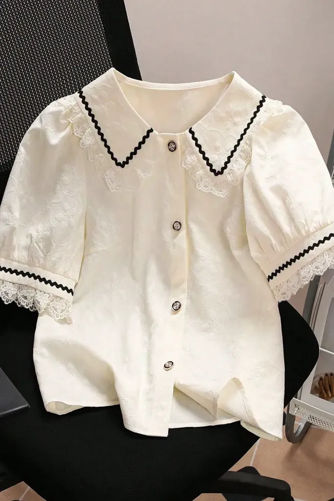 White Solid Lace Buttoned Top - Image 1