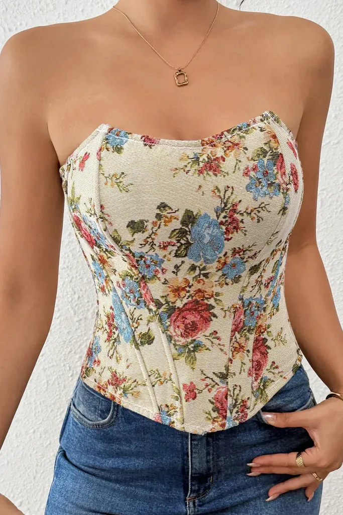 Cream Floral Tube Corset Top - Image 1
