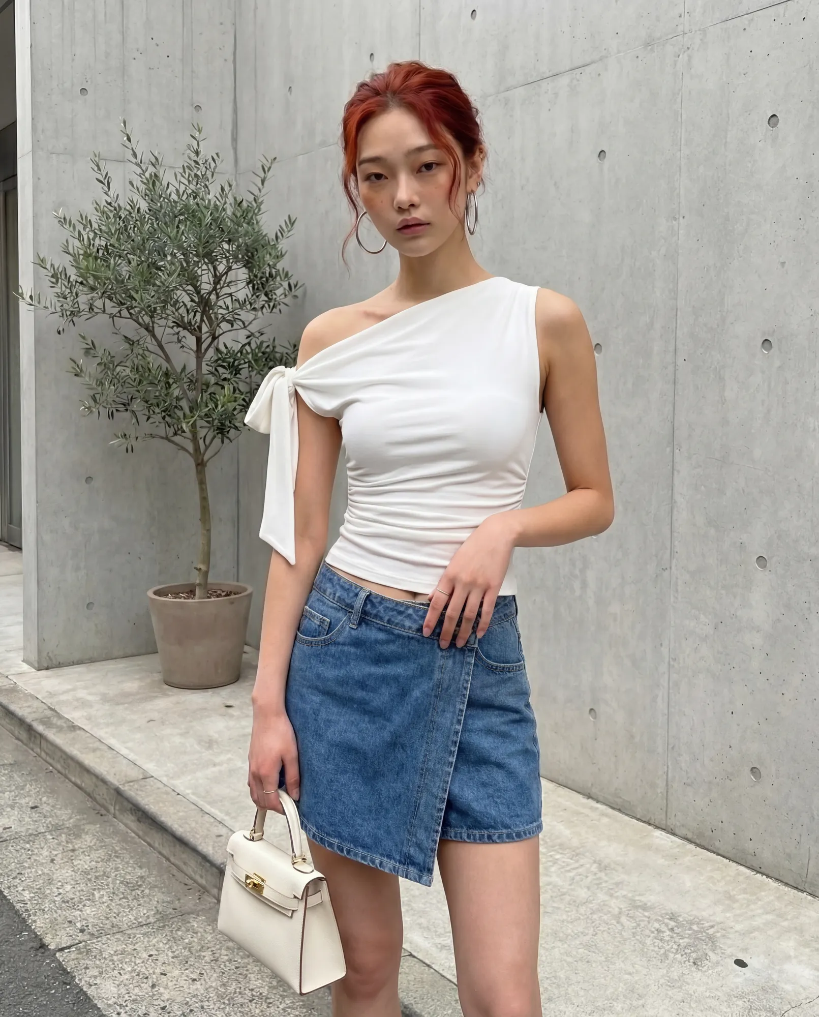 White Solid One Shoulder Knot Top