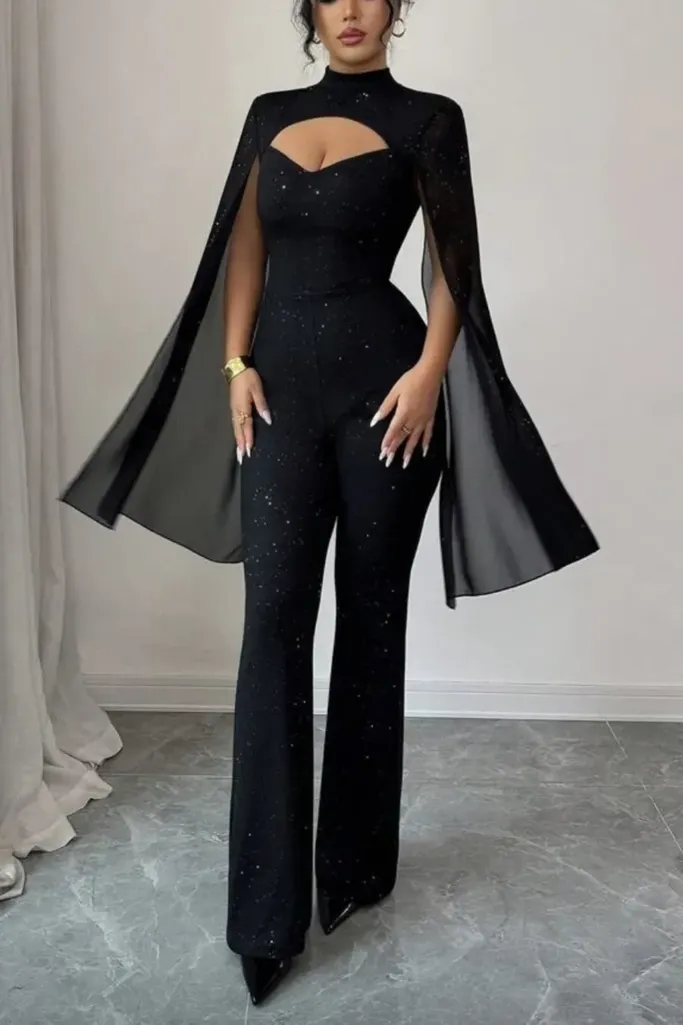 Black Cut Out Cape Sleeves Jumpsuit - Image 1