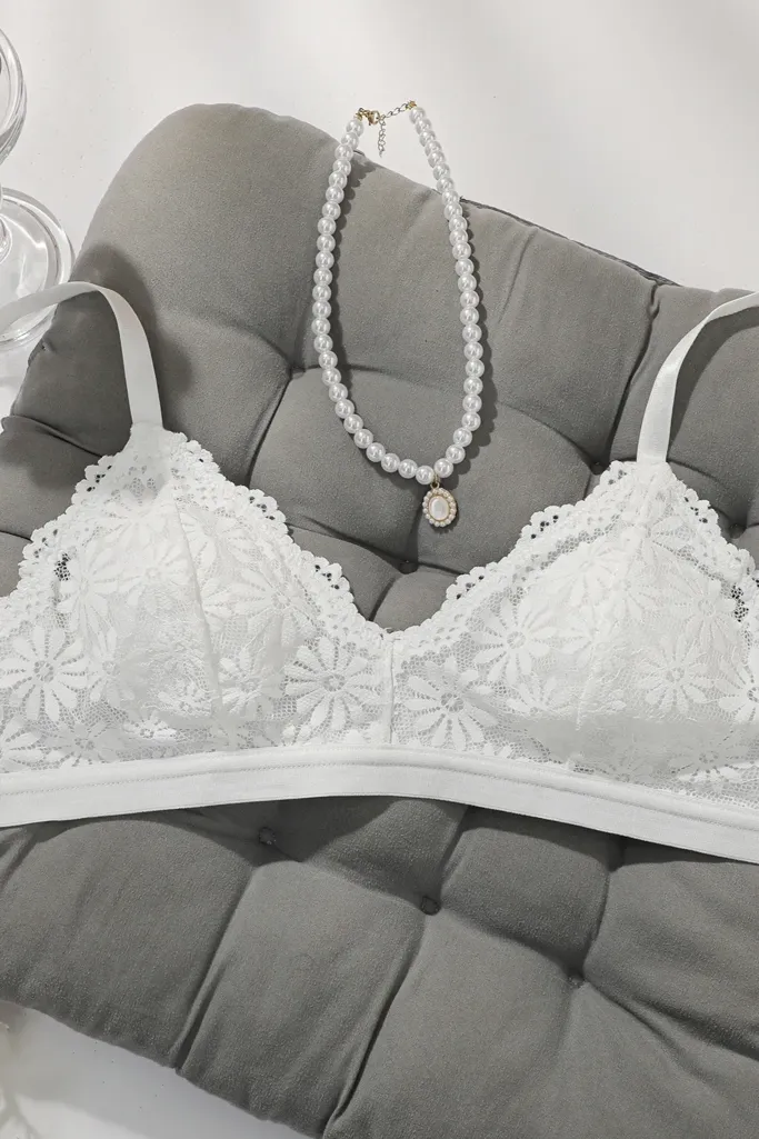 White Solid Lace V-Neck Bra - Image 1