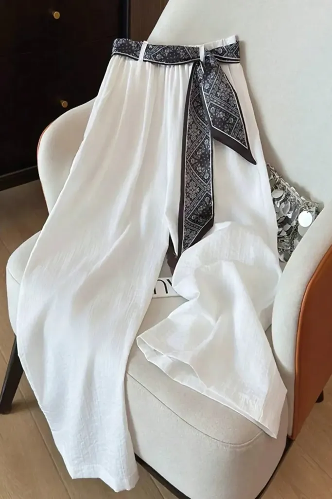 White Solid High Rise Trousers Without Belt - Image 1