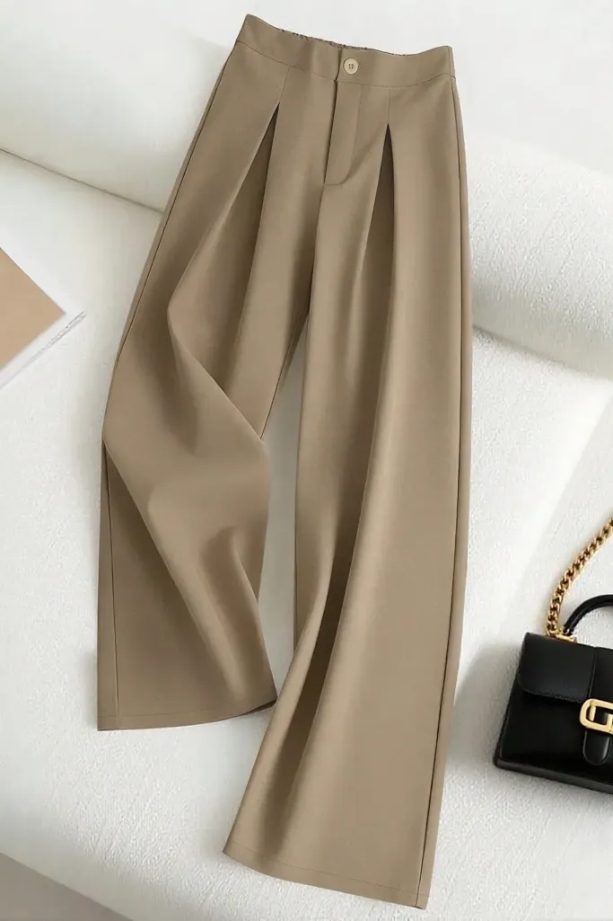 Beige Solid Pleated Mid-Rise Pants - Image 1