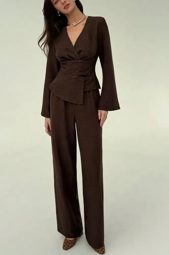 Dark Brown V-Neck Wide Leg Co-Ord Set - Image 1