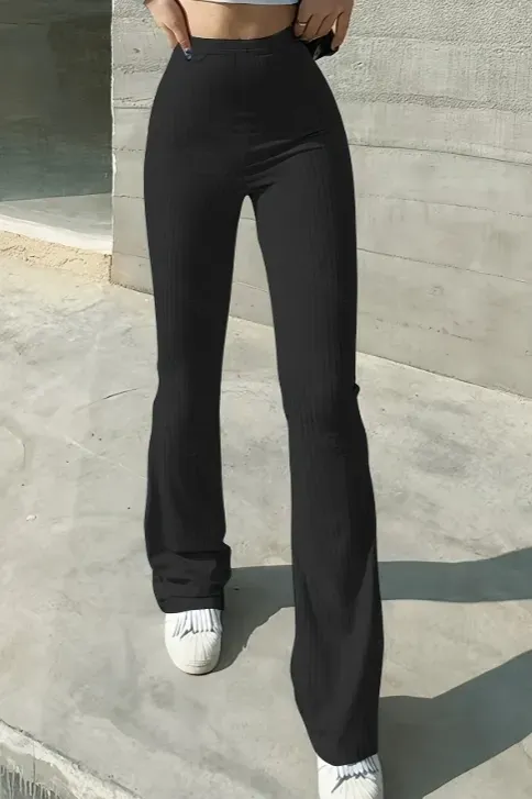 Black Solid High Rise Bootcut Pants - Image 1