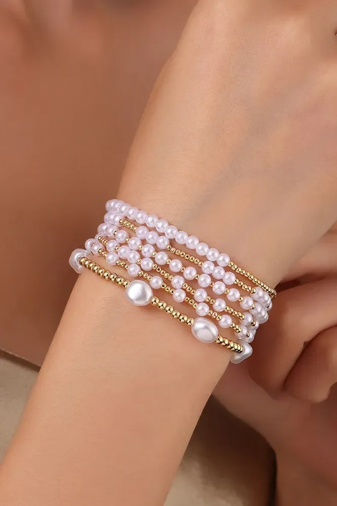 Light Pink Beaded Set Of 6 Bracelets - Image 1