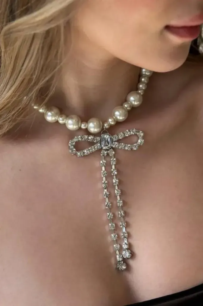 White Pearl Bow Choker Necklace - Image 1