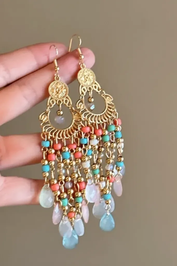 Multi-Color Beaded Dangle Earrings - Image 1