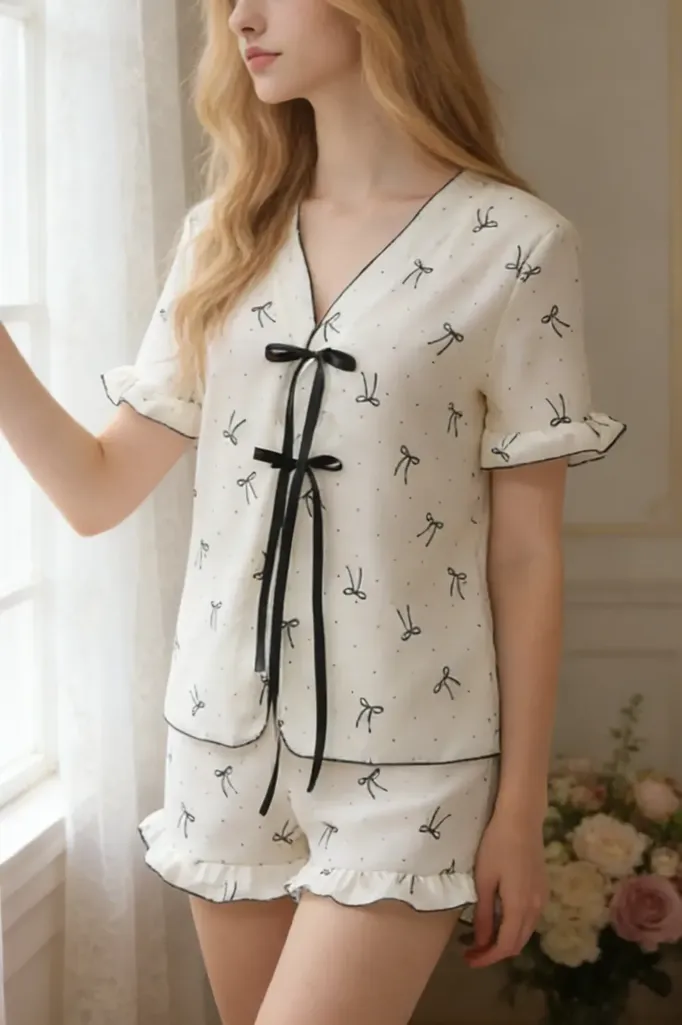 White Bow Print Tie-Up Co-Ord Set - Image 1