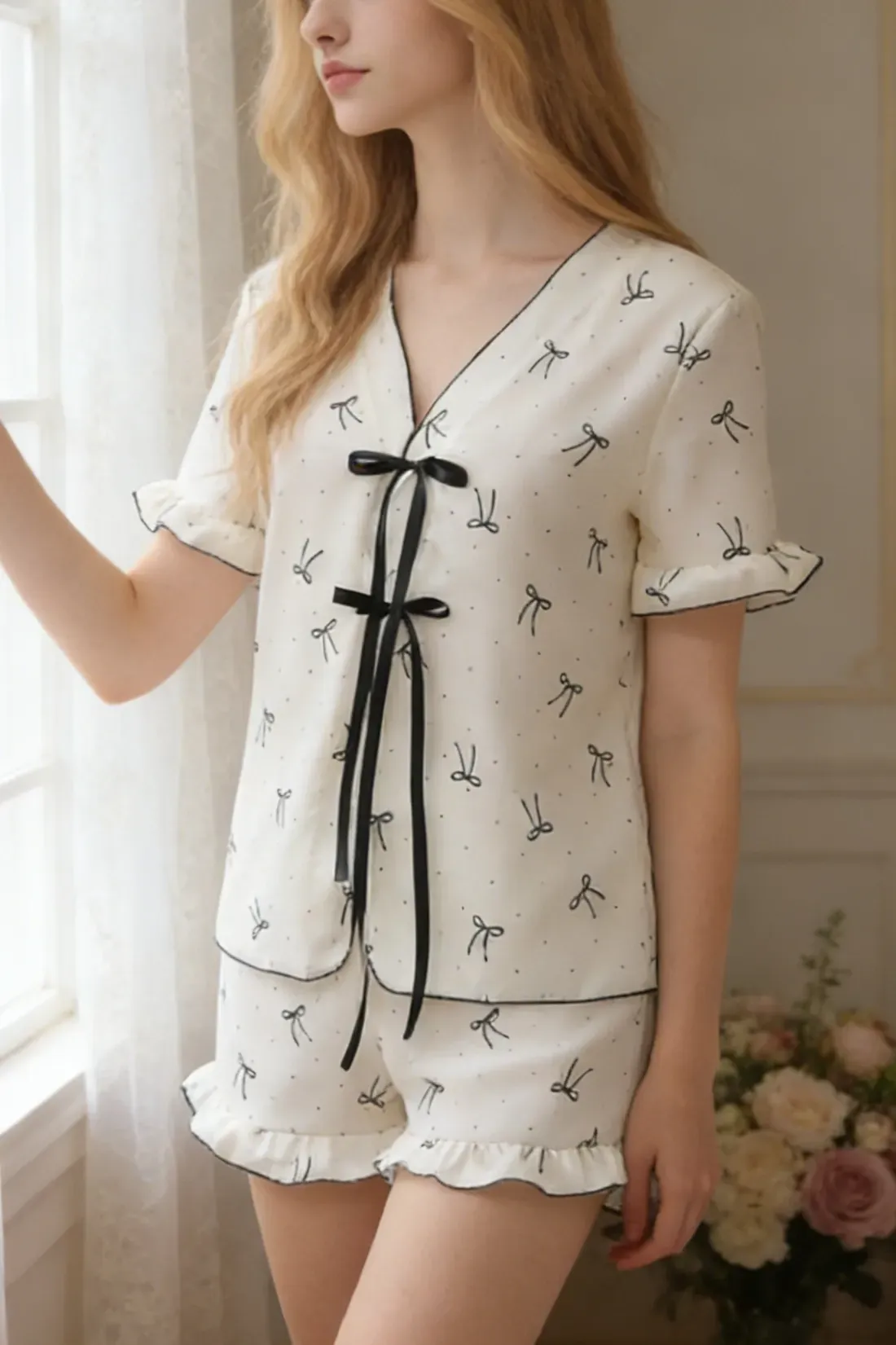 White Bow Print Tie-Up Co-Ord Set