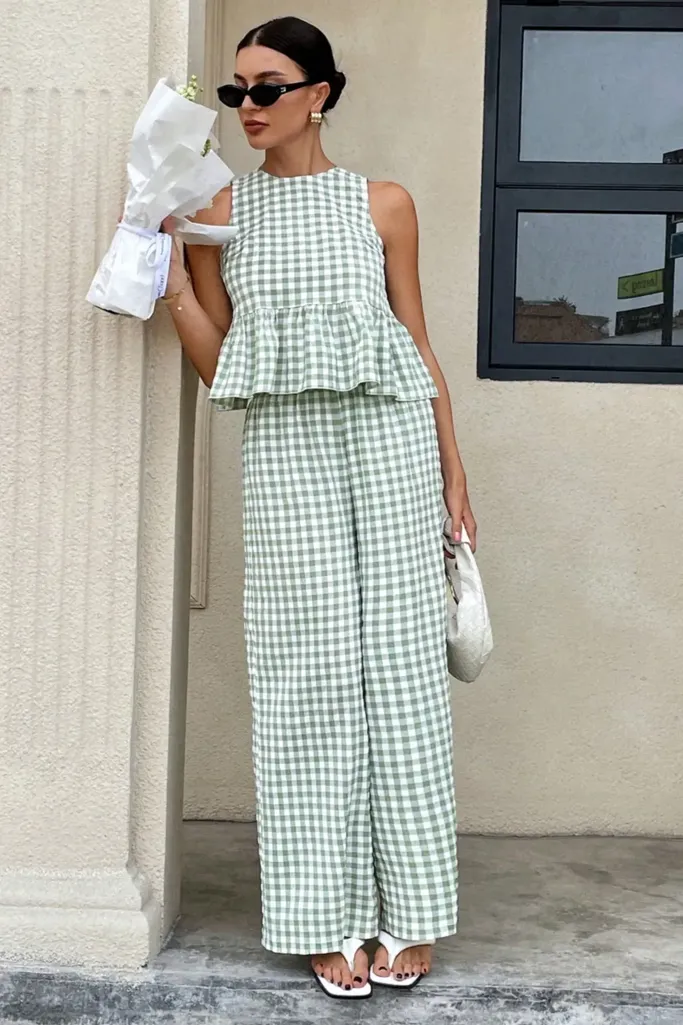 Light Green Gingham Ruffle Co-Ord Set - Image 1