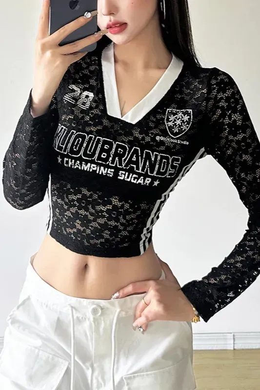 Black Typography V-Neck Crop T-Shirt - Image 1
