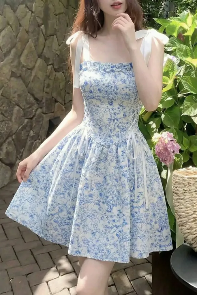Blue Floral Tie-Up Mini Dress - Image 1