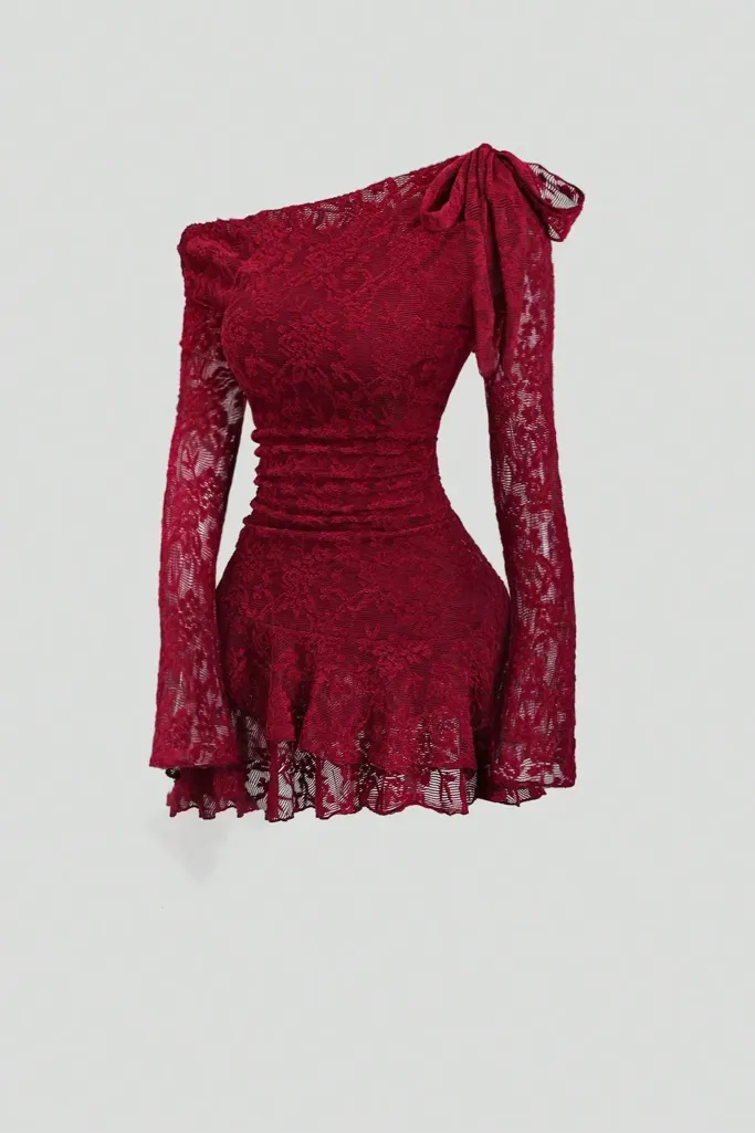 Wine Tiered Lace Mini Dress - Image 1