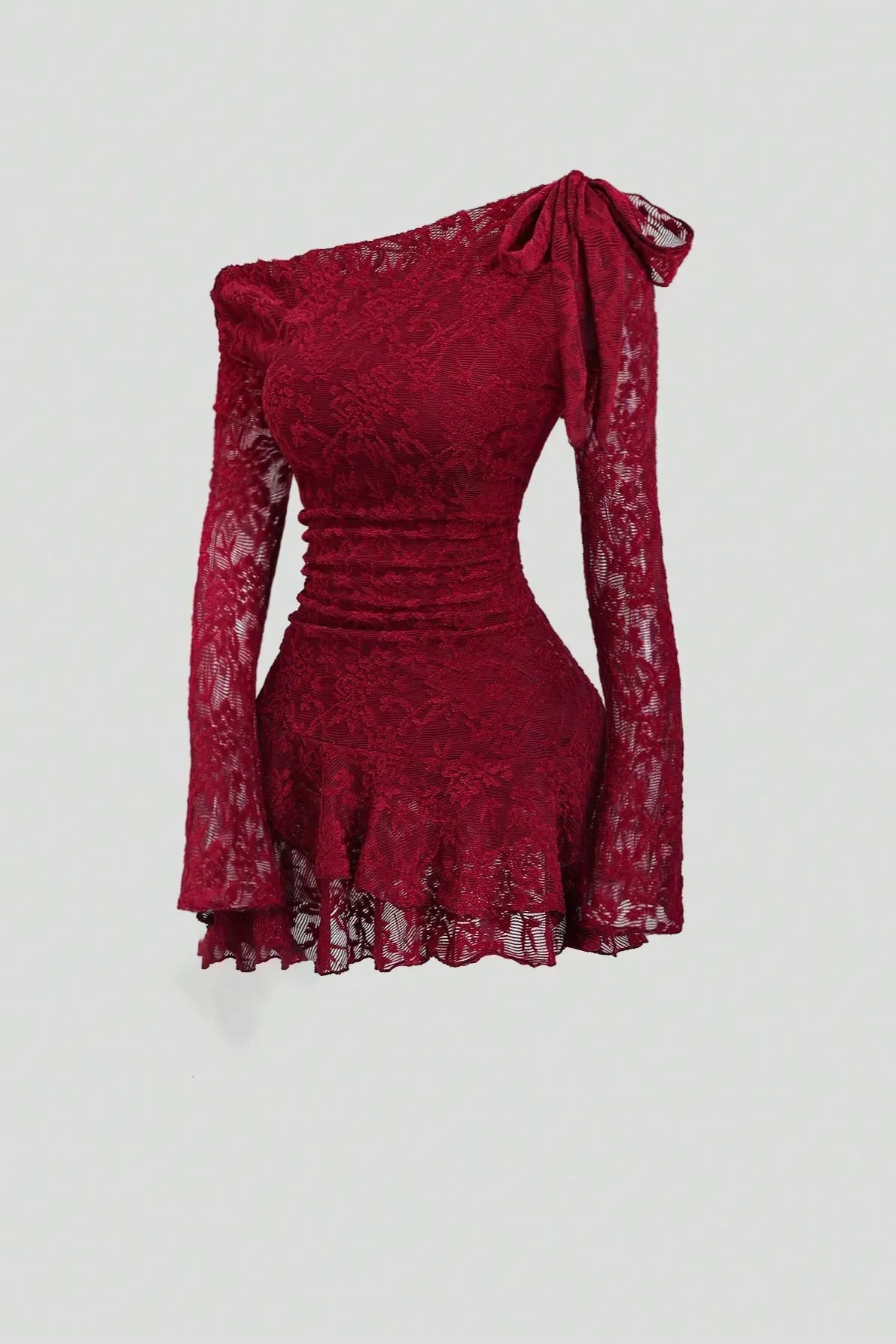 Wine Tiered Lace Mini Dress