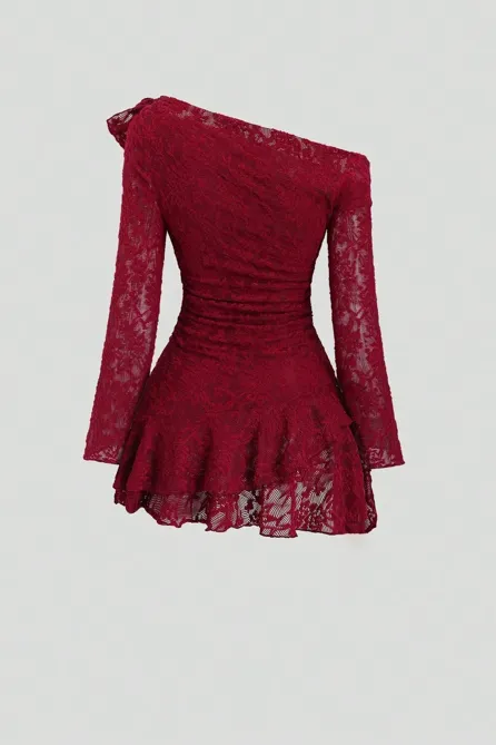 strapless open back dress Charming Long Lace Sleeves Pleated Chiffon Long Red Maxi Dress   iwearmystyle