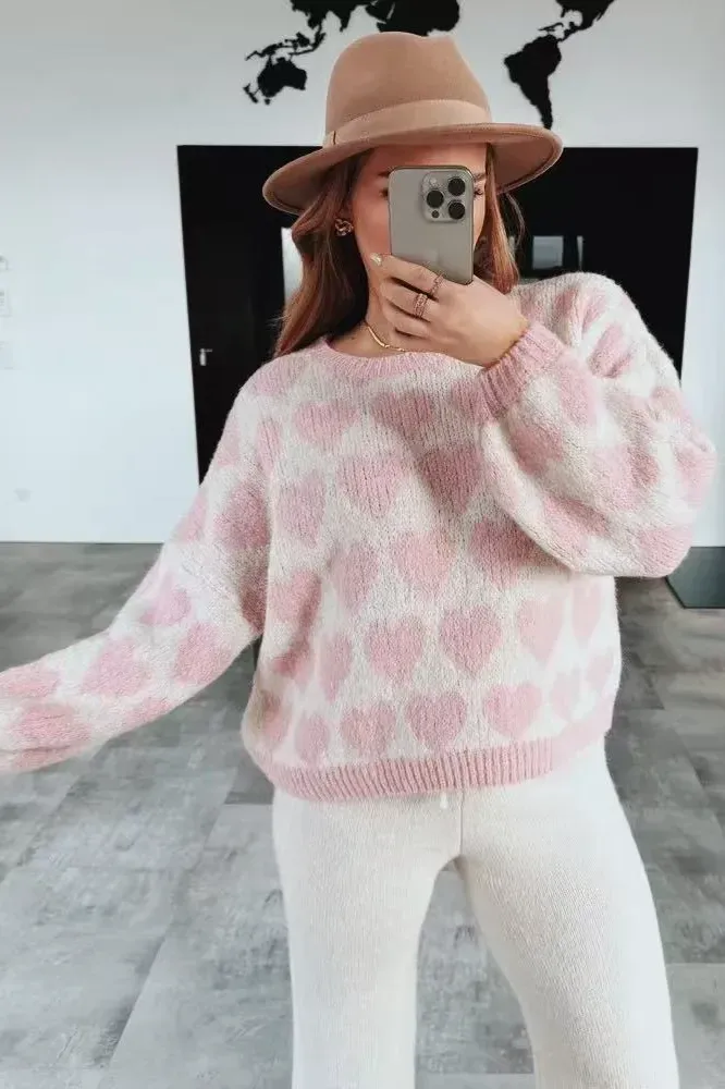 Light Pink Heart Print Sweater - Image 1