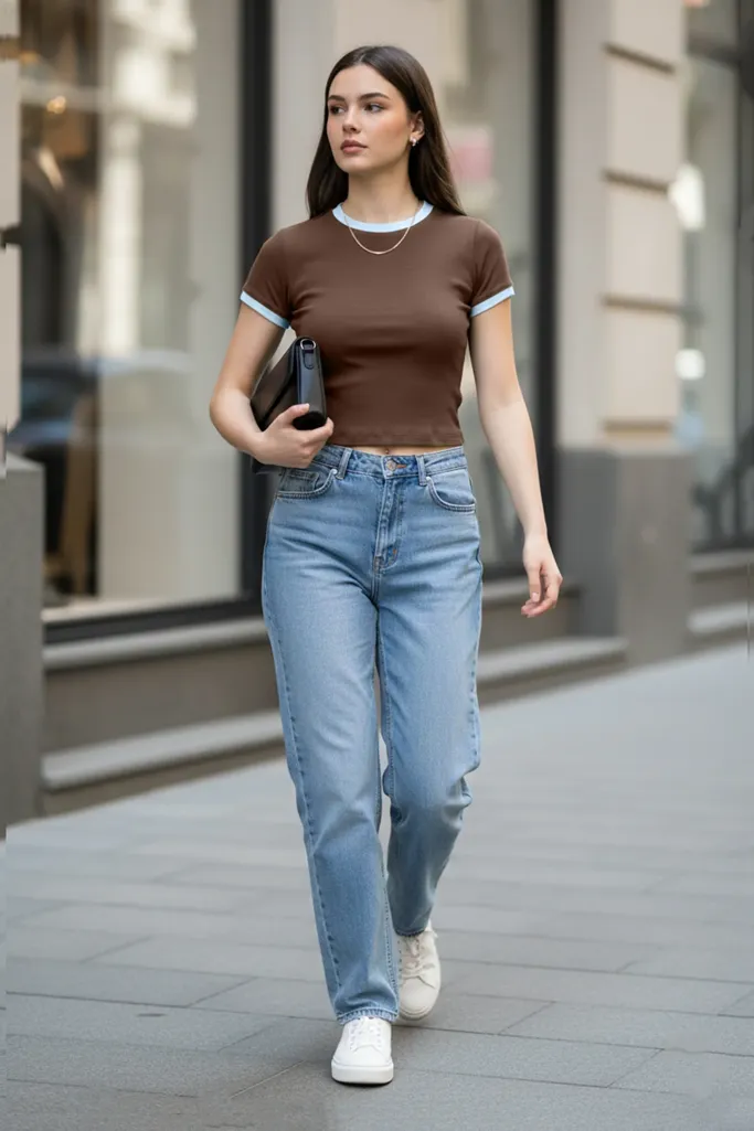 Brown Crew Neck Crop T-Shirt - Image 1